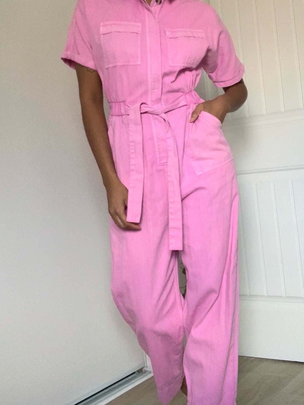 Pink Utility Jumpsuit with Waist Tie
